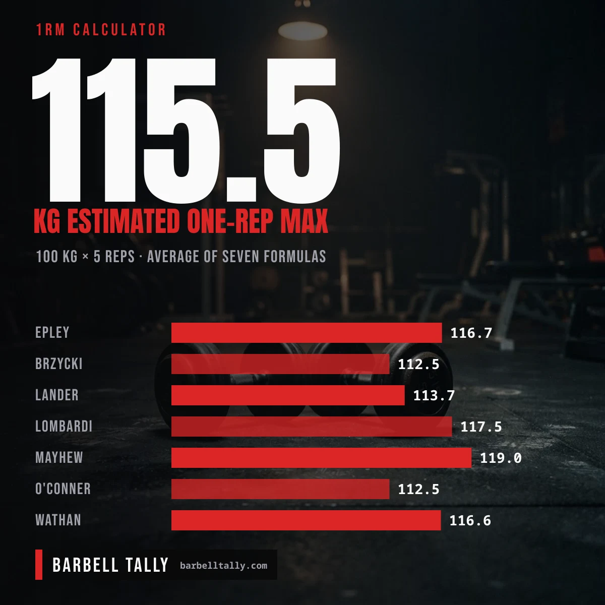 1RM calculator result: 100 kg for 5 reps gives an average estimate of 115.5 kg across seven formulas